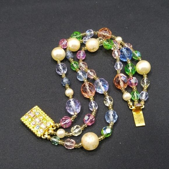 Vintage Beaded Crystal Bracelet, 3 Strands, Graziano Pastel Crystal Beads, 8 In. - Picture 5 of 11